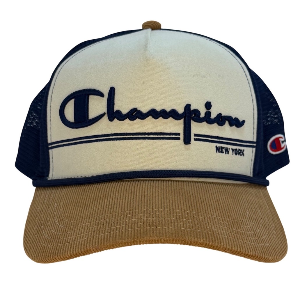Champion New York Kids Trucker Hat Navy Blue Corduroy Brim Mesh Snapback Cap